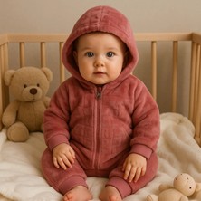 GMG Collection Baby Kız Bebek Ekoselu Yumuşacık Tavşan Desenli Peluş Tulum Patikli-Patiksiz / Toz Pembe - Vişne Çürüğü