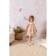 NoyNoy Baby Kız Bebek Ekru Çiçek Nakışlı Tül Elbise ve Bandana Takımı - Mevlüt ve Doğum Günü Elbisesi