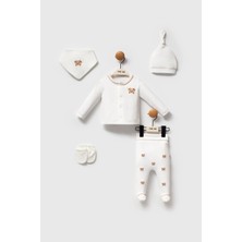 Magu Unisex Bebek Pamuklu Ekru Köpek Nakışlı 5'li Set - Hırka, Pantolon, Şapka, Eldiven ve Önlük