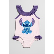 Magu Kız Çocuk Pembe Stitch Baskılı Fırfırlı Tek Parça Mayo