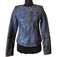 Asus Deri-Hakiki Deri Lacivert Kapitone Kadın Ceket