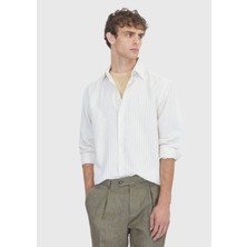 Ramsey Açık Bej Çizgili Casual Fit Dokuma Casual Keten Karışımlı Gömlek