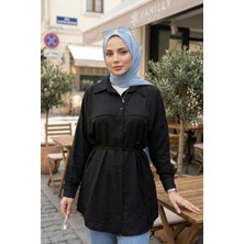 Miostil Kadın Siyah Bağcıklı Gömlek Yaka Tunik Tesettür Boydan Düğmeli Oversize Günlük Şık Tunik Siyah