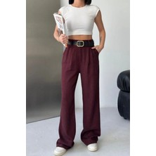 Thiff Kadın Yüksek Bel Kemer Detaylı Pileli Pamuk Keten Palazzo Pantolon