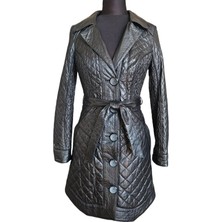 Asus Deri - Hakiki Deri Siyah Kapitone Desenli Uzun Kadın Ceket