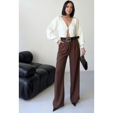 Thiff Kadın Yüksek Bel Kemer Detaylı Pileli Pamuk Keten Palazzo Pantolon