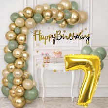 Tedaks Pompa Hediyeli Doğum Günü Seti Gold Banner Krom Gold Küf Yeşili Kum Beji Balonlar Gold Folyo Rakam