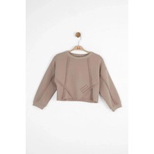 Magu Kız Çocuk Pamuklu Bej Dikiş Detaylı Crop Sweatshirt