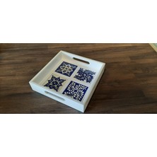 Demita El Yapımı Çini Desenli Beyaz Ahşap Kare Tepsi