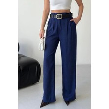 Thiff Kadın Yüksek Bel Kemer Detaylı Pileli Pamuk Keten Palazzo Pantolon