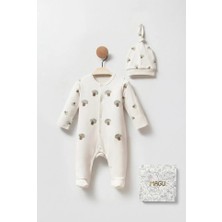 Magu Unisex Bebek Pamuklu Ekru Mantar Desenli Tulum ve Şapka Seti - Önden Çıtçıtlı