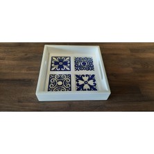 Demita El Yapımı Çini Desenli Lake Ahşap Kare Tepsi