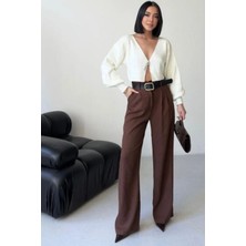 Thiff Kadın Yüksek Bel Kemer Detaylı Pileli Pamuk Keten Palazzo Pantolon