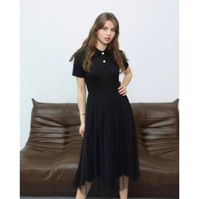 Qimya Butik Şans Life Kadın Etek Bölümü Extra Tüllü Pola Yaka Kısa Kol Ara Boy Elbise