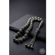 Roza Silver 925 Ayar Oval Kesim 3 Kamçılı Püskül Orta Boy Çizgi Desenli Otantik Gümüş Tesbih