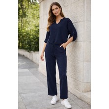 Meghan L.A Kadın Lacivert V Yaka Düğmeli Kol Detaylı Cepli Pantolonlu Ikili Takım