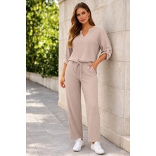 Meghan L.A Kadın Bej V Yaka Düğmeli Kol Detaylı Cepli Pantolonlu Ikili Takım