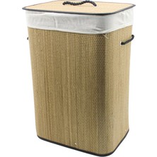 Sepetopia -Dikdörtgen Hasır - Ahşap Kirli Çamaşır Sepeti 42X32X60CM Seyyar Kapaklı Içi Bezli Ip Kulplu (5534)