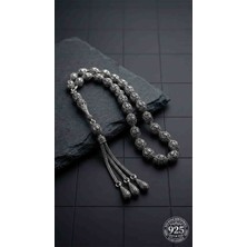 Roza Silver 925 Ayar Oval Kesim 3 Kamçılı Püskül Orta Boy Spiral Desenli Otantik Gümüş Tesbih