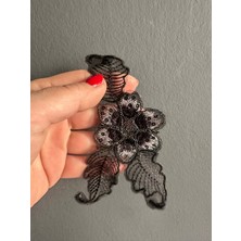 Gönülden Tasarım Siyah Pul Payet Işleme Siyah Çiçek Arma Dikiş Aplike 16X5 cm