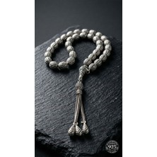 Roza Silver 925 Ayar Oval Kesim 3 Kamçılı Püskül Orta Boy Örgü Desenli Otantik Gümüş Tesbih
