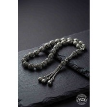 Roza Silver 925 Ayar Oval Kesim 3 Kamçılı Püskül Orta Boy Karo Zırh Desenli Otantik Gümüş Tesbih