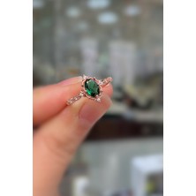 Erer Gümüş 925 Ayar Gümüş Rose Gold Oval Kesim Yeşil Taşlı Vintage Tasarım Kadın Yüzük