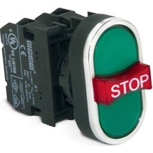 Emas B Serisi Plastik 1no+1nc+1no Üçlü 1 Çıkık Stop Yeşil-Yeşil 22 mm Buton B121B30YY