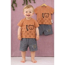 Tuem Baby Erkek Bebek Ayıcık Baskılı 2'li Takım-Yazlık Bebek Takımı Tişört Şort Kombin(Beden Ölçüleri Açıklamada)