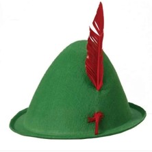 Marsilyan Yeşil Renk Kırmızı Tüylü Peter Pan Şapkası Robin Hood Şapkası 24X23 cm