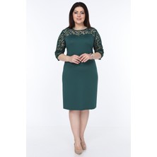Modayız Yeşil Floklu Büyük Beden Elbise Bodycon Klasik Stil Truvakar Kol