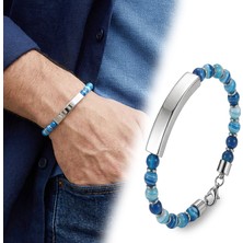 Fm 💎 Premium Mavi Akik Beyaz İsim Yazılabilir Çelik Zincir Bileklik 31832B29D14  -  23 cm