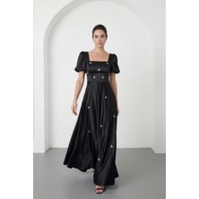 Lafaba Kadın Siyah Kare Yaka Balon Kol Taşlı Uzun Saten Abiye Elbise