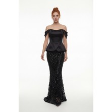 Lafaba Kadın Siyah Dar Kalıp Kayık Yaka Payetli Uzun Abiye Elbise