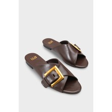 LOJO Kadın Oval Burun Önü Açık Altın Kemer Tokalı Günlük Terlik Atrani Kahve