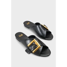 LOJO Kadın Oval Burun Önü Açık Altın Kemer Tokalı Günlük Terlik Atrani Siyah