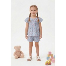 Lupinn Kız Çocuk Mavi Çiçek Desenli Şortlu Takım Rahat Kesim Kısa Kollu Yazlık Çocuk Takım