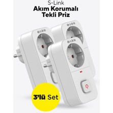 S-Link SL-010 Bykalite 3lü Set 16A/250V 750 Joule Anahtarlı Isıya Duyarlı Devre ve Akım Korumalı Tekli Priz