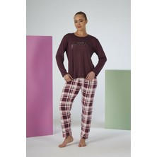 Estiva Kadın Kareli Alt Desenli Mürdüm Uzun Kollu Soft Pijama Takımı