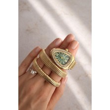 Oqqo Kora Taşlı Yeşil Kadran Gold Kordon Yılan Model Kadın Kol Saati