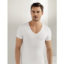 Şahinler Beyaz Kısa Kollu V Yaka Likralı Süprem Atlet Erkekler İçin %95 Pamuk %5 Elastane