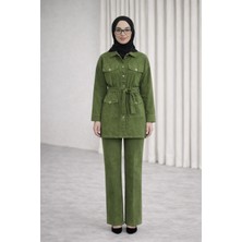 Tesettür Diyarı Kadın Kuşaklı Denim Tesettür Takım- Yeşil