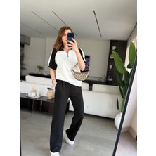 Qimya Butik Şans Life Kadın Dik Yaka Fermuarlı Bluz ve Pantololu Alt Üst Ikili Takım