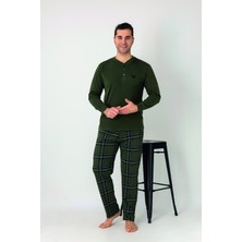 Estiva Erkek Kareli Alt Desenli Haki Uzun Kollu Patlı Penye Pijama Takımı
