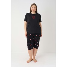 Estiva Kadın Kalp Alt Desenli Siyah Kısa Kollu Kaprili Soft Battal Pijama Takımı