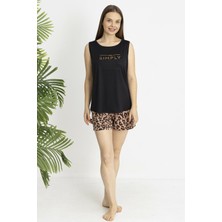 Estiva Kadın Kaplan Alt Desenli Siyah Kolsuz Şortlu Soft Pijama Takımı