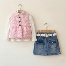 Bebelanka Kız Çocuk Bayramlık Pembe Kapitone Yelekli Kot Etek Takım 2-5 Yaş