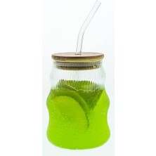 Data Store 500ML Bambu Kapaklı Cam Bardak, Cam Pipetli Silikon Kapak Contalı Ince Çizgi Desenli Soğuk Içecekler Için Kahve Meyve Suları ve Çayları Için Ergonomik Şık Tasarım