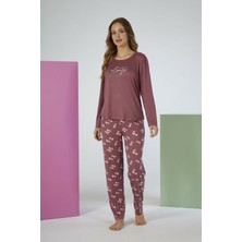 Estiva Kadın Yaprak Alt Desenli Soft Uzun Kollu Pijama Takımı