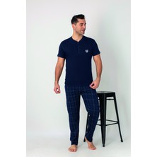 Estiva Erkek Kareli Alt Desenli Lacivert Kısa Kollu Patlı Penye Pijama Takımı